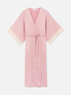 Bademäntel|Primark Bademantel Aus Satin Mit Spitzenbesatz Rosa