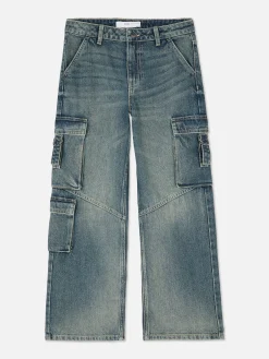 Jeans|Primark Cargo-Denim-Jeans Im Used-Look Blau