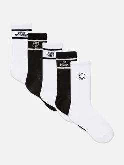Socken|Primark Crew-Socken Mit Slogan, 5er-Pack Weiß/Schwarz