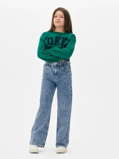 Jeans|Primark Denim-Jeans Mit Weitem Bein Und Strasssteinen In Sternform Blau