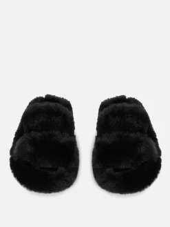 Hausschuhe|Hausschuhe|Primark Flauschige Hausschuhe Mit Doppelriemen Schwarz