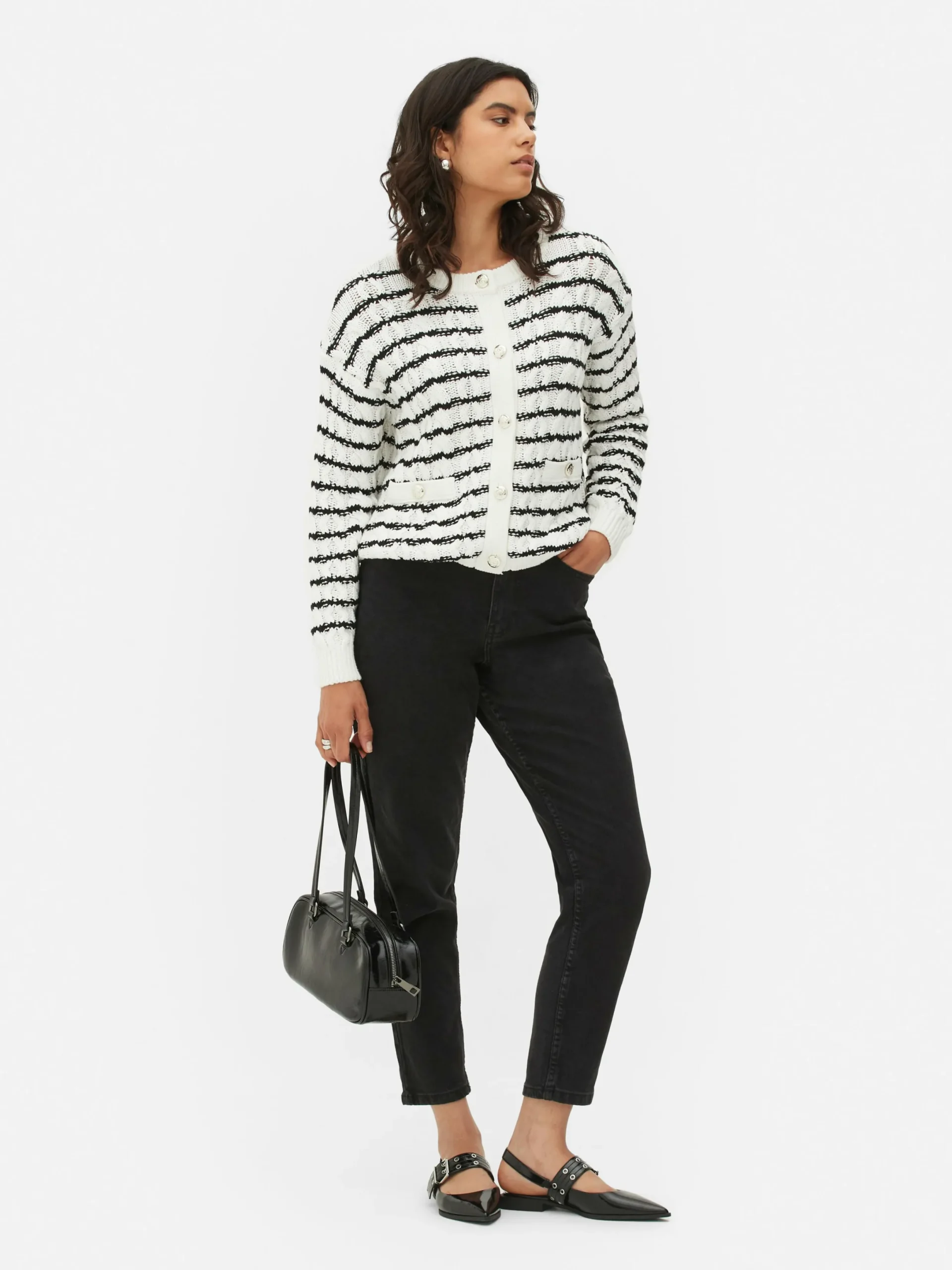 Pullover Und Cardigans|Primark Gestreifter Cardigan Mit Zopfmuster Weiß/Schwarz