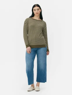 Pullover Und Cardigans|Primark Gestreifter Feinstrickpullover Mit U-Boot-Ausschnitt Khakifarben