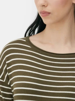 Pullover Und Cardigans|Primark Gestreifter Feinstrickpullover Mit U-Boot-Ausschnitt Khakifarben