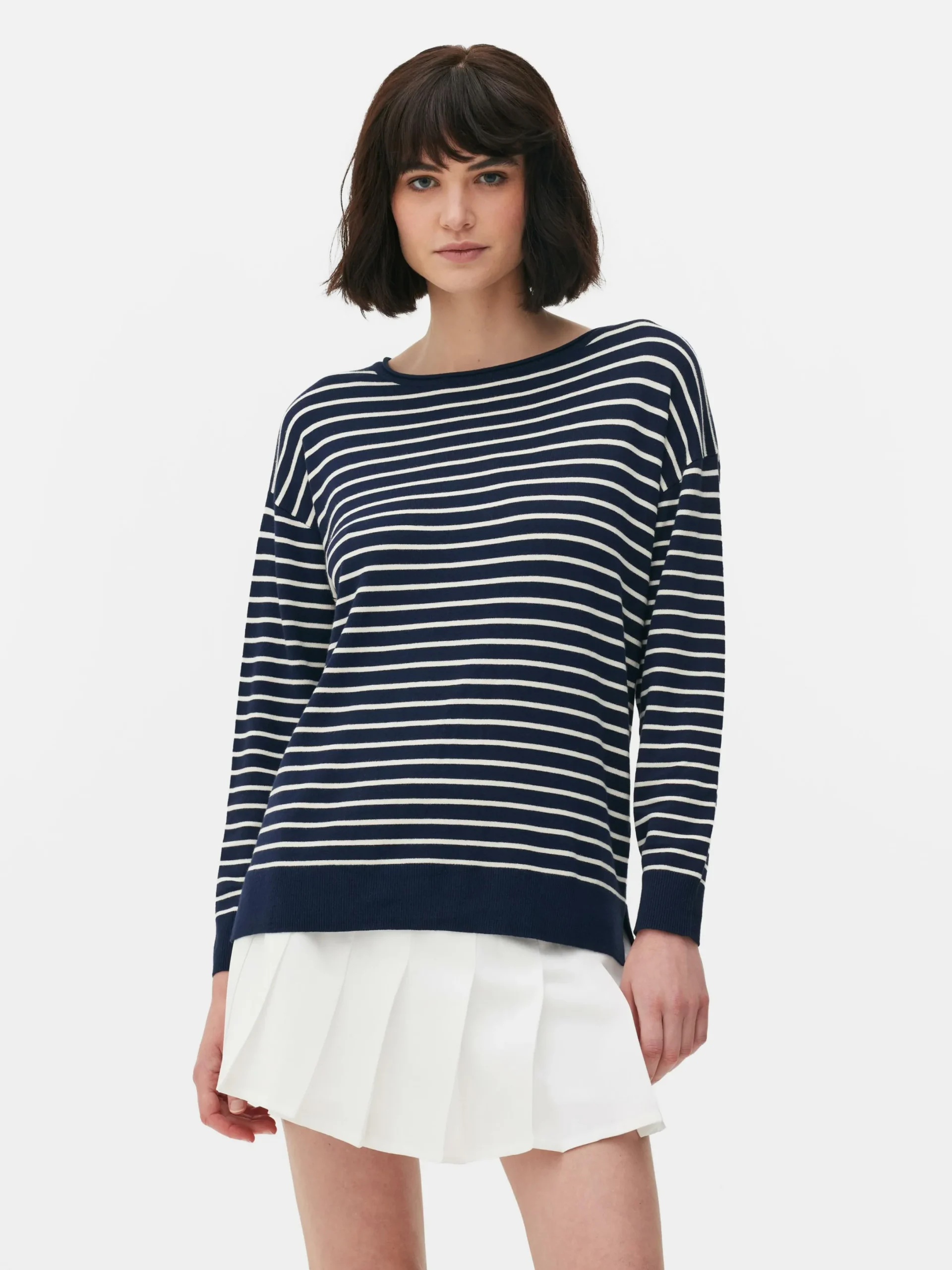 Pullover Und Cardigans|Primark Gestreifter Feinstrickpullover Mit U-Boot-Ausschnitt Marineblau