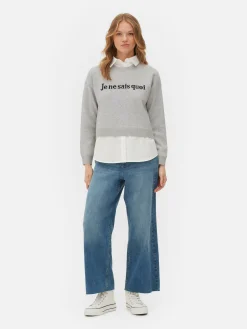 Pullover Und Cardigans|Primark 2-in-1-Set Aus Strickpullover Mit Slogan Und Hemd Grau