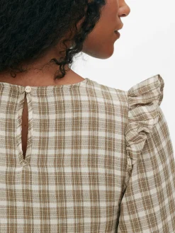 Blusen|Primark Karierte, Geraffte Langarmbluse Steinfarben
