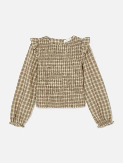 Blusen|Primark Karierte, Geraffte Langarmbluse Steinfarben