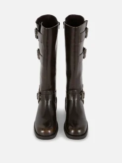 Stiefel|Primark Kniehohe „Rita Ora“ Bikerstiefel Braun