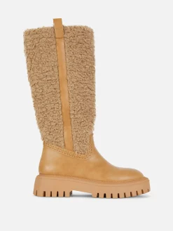 Stiefel|Primark Kniehohe „Rita Ora“ Borg-Stiefel Beige