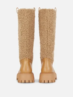 Stiefel|Primark Kniehohe „Rita Ora“ Borg-Stiefel Beige
