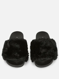 Flipflops Und Badesandalen|Primark Kunstfell-Badesandalen Schwarz