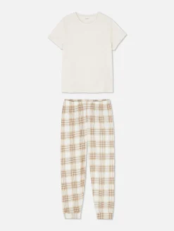 Schlafanzüge|Primark Kurzärmeliger Schlafanzug Mit Schottenkaros Hellbeige