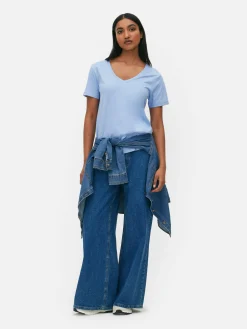 Tops Und T-Shirts|Primark Kurzärmeliges T-Shirt Mit V-Ausschnitt Mittelblau
