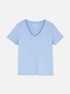 Tops Und T-Shirts|Primark Kurzärmeliges T-Shirt Mit V-Ausschnitt Mittelblau