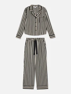 Schlafanzüge|Primark Langarm-Schlafanzug Aus Satin Schwarz/Weiß