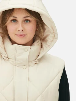 Jacken Und Mäntel|Primark Lange Steppweste Mit Kapuze Cremefarben