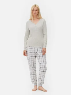 Schlafanzüge|Primark Langärmeliger Schlafanzug Mit Karierter Hose Grau