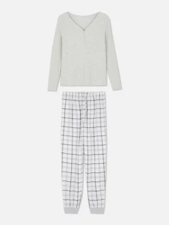 Schlafanzüge|Primark Langärmeliger Schlafanzug Mit Karierter Hose Grau