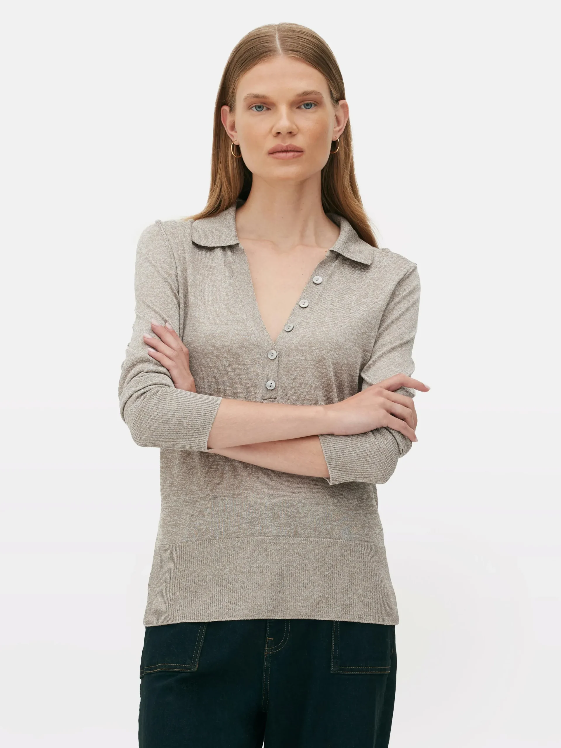 Pullover Und Cardigans|Primark Langärmeliges „The Edit“ Strick-Poloshirt Taupefarben