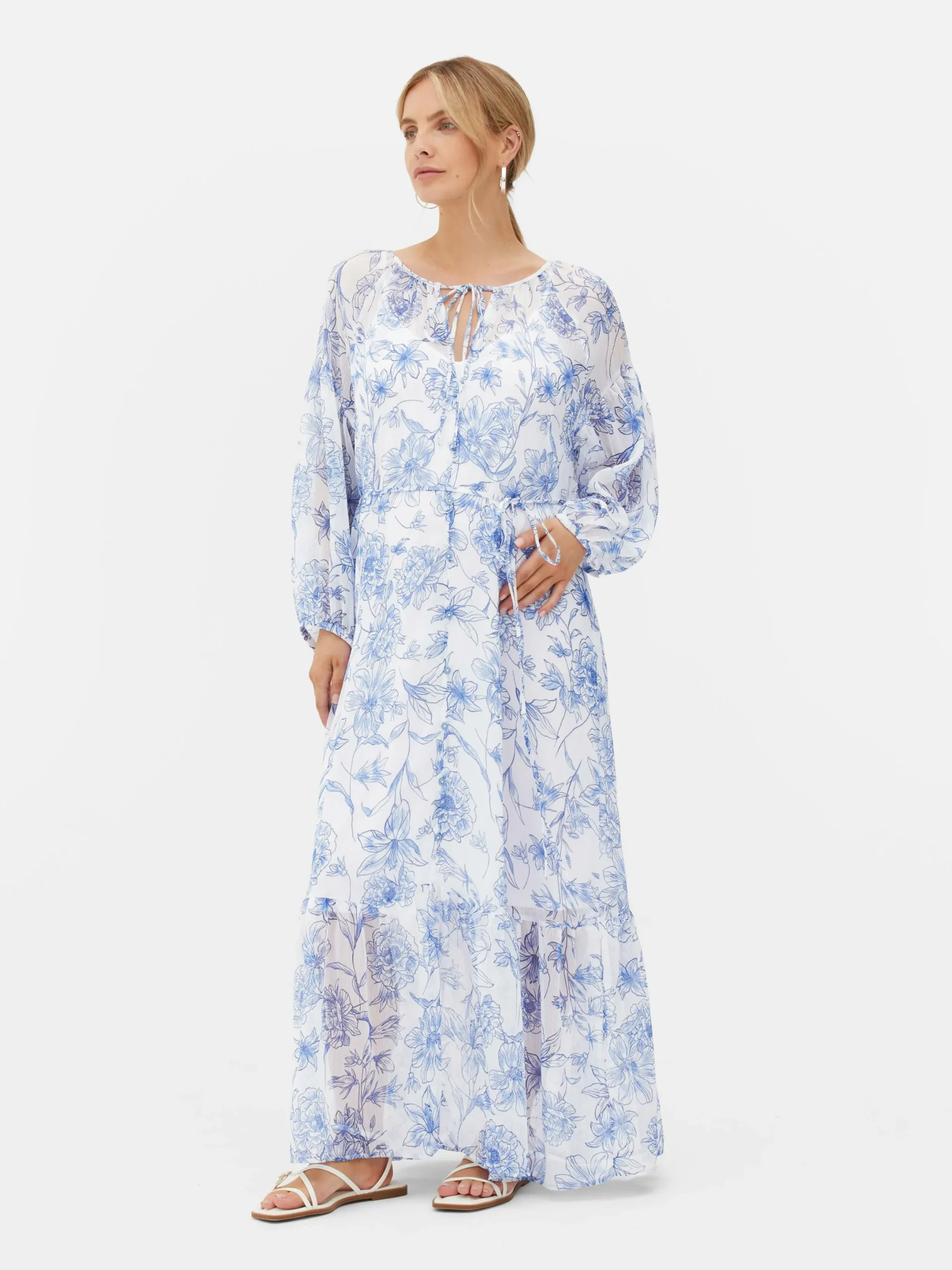 Kleider|Primark Langärmeliges Umstands-Maxikleid Mit Blumenmuster Blau