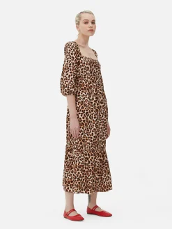 Kleider|Primark Midikleid Mit Eckigem Ausschnitt Und Leomuster Beige