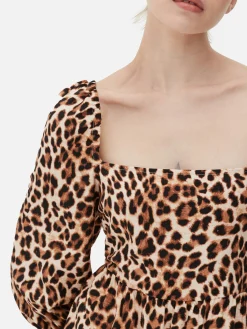 Kleider|Primark Midikleid Mit Eckigem Ausschnitt Und Leomuster Beige