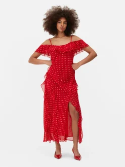 Kleider|Primark Midikleid Mit Rüschen Und Pünktchenmuster Rot