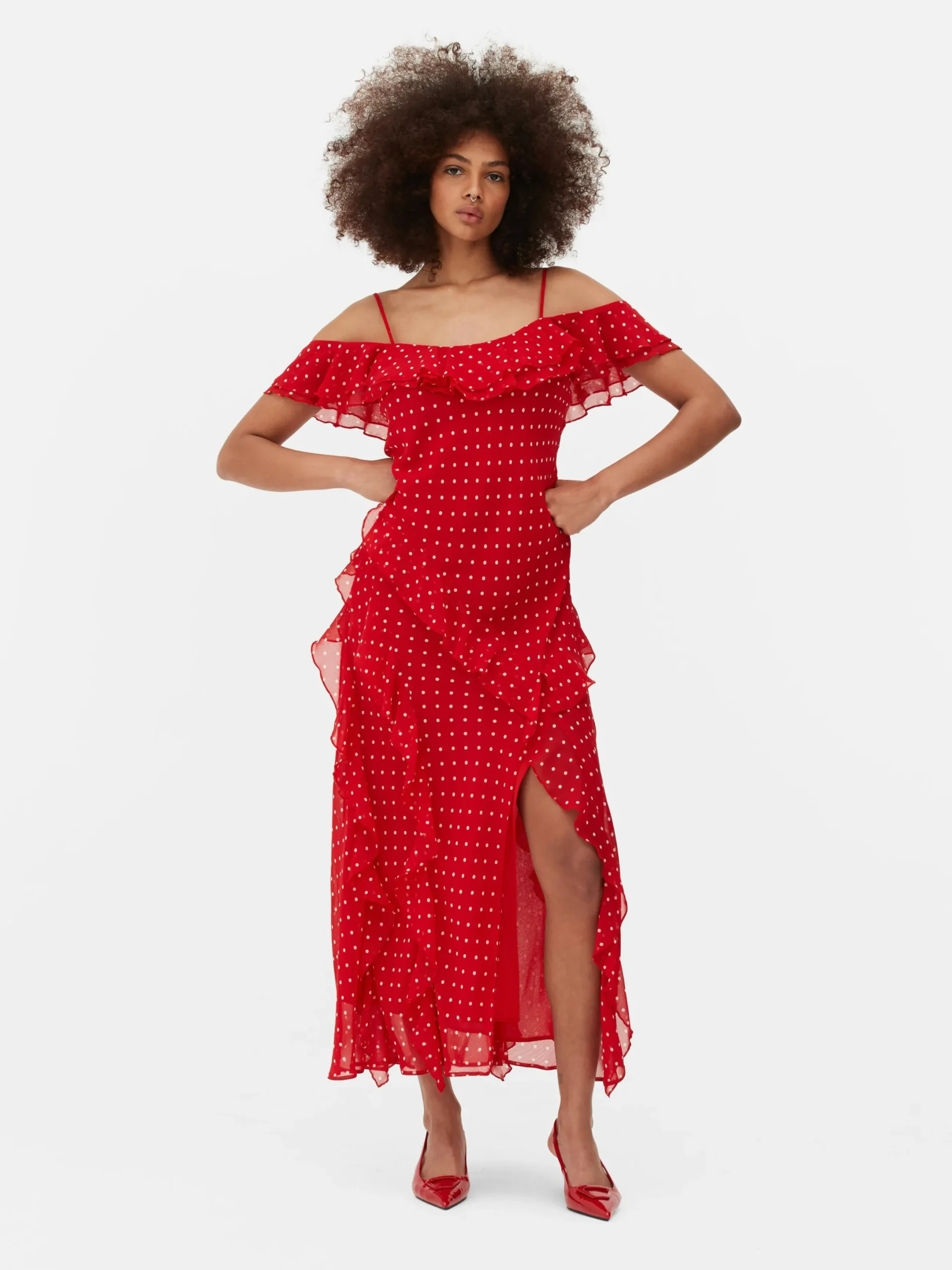 Kleider|Primark Midikleid Mit Rüschen Und Pünktchenmuster Rot