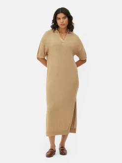 Kleider|Primark Midikleid Mit V-Ausschnitt Und Kragen Beige