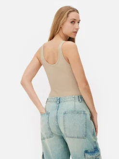 Tops Und T-Shirts|Primark Nahtloser, Gerippter Bodysuit Mit U-Ausschnitt Steinfarben