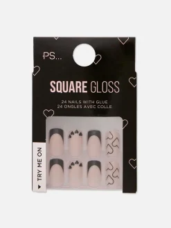 Kunstnägel|Primark PS… Quadratische, Glänzende Kunstnägel Mit Herzmotiv Schwarz