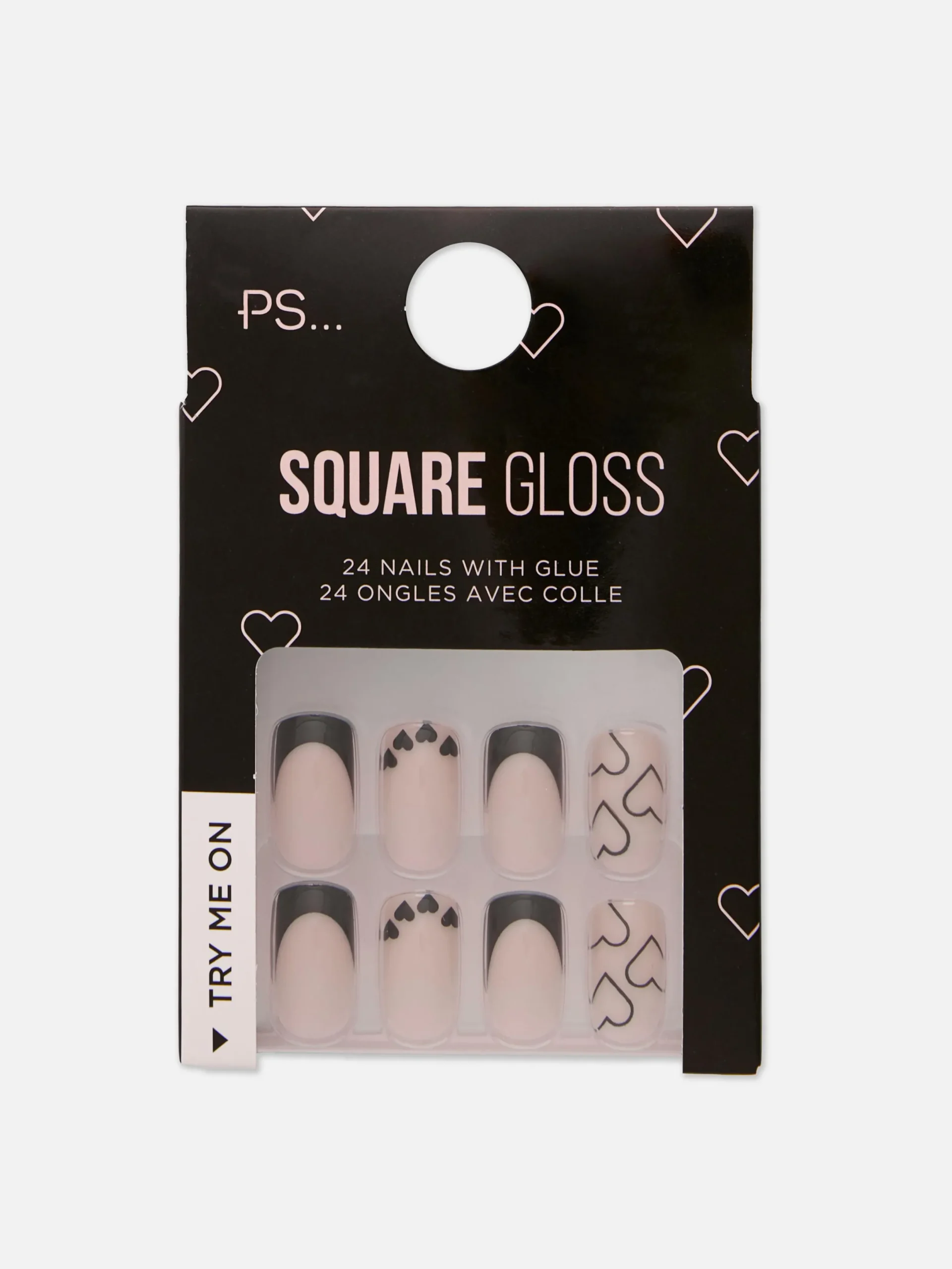 Kunstnägel|Primark PS… Quadratische, Glänzende Kunstnägel Mit Herzmotiv Schwarz