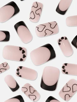 Kunstnägel|Primark PS… Quadratische, Glänzende Kunstnägel Mit Herzmotiv Schwarz