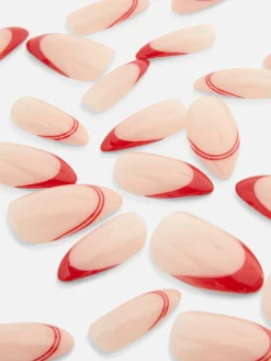 Kunstnägel|Primark PS… Spitze, Glänzende Kunstnägel Mit Kontrastfarbener Spitze Rot