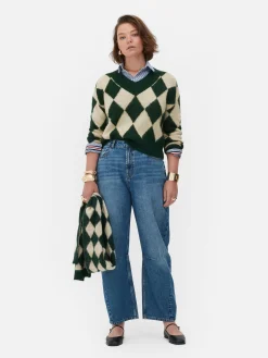 Pullover Und Cardigans|Primark „Rita Ora“ Strickpullover Mit Argylemuster Und V-Ausschnitt Dunkelgrün