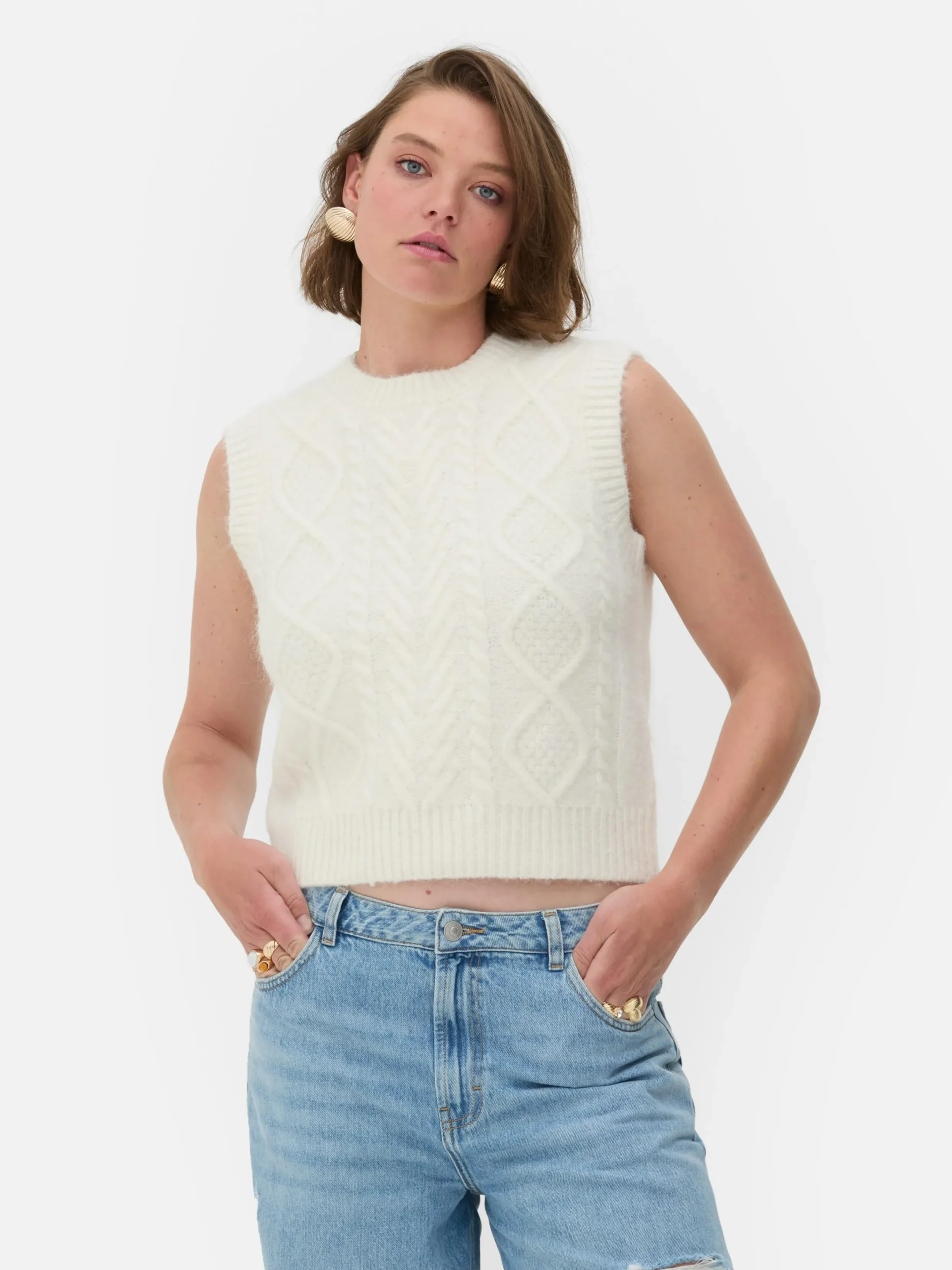 Pullover Und Cardigans|Primark „Rita Ora“ Strickweste Mit Zopfmuster Elfenbeinfarben