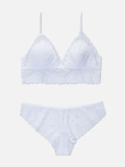 Dessous-Sets|Primark Set Aus Bralette-BH Und Brazil-Slip Mit Durchgehender Spitze Weiß