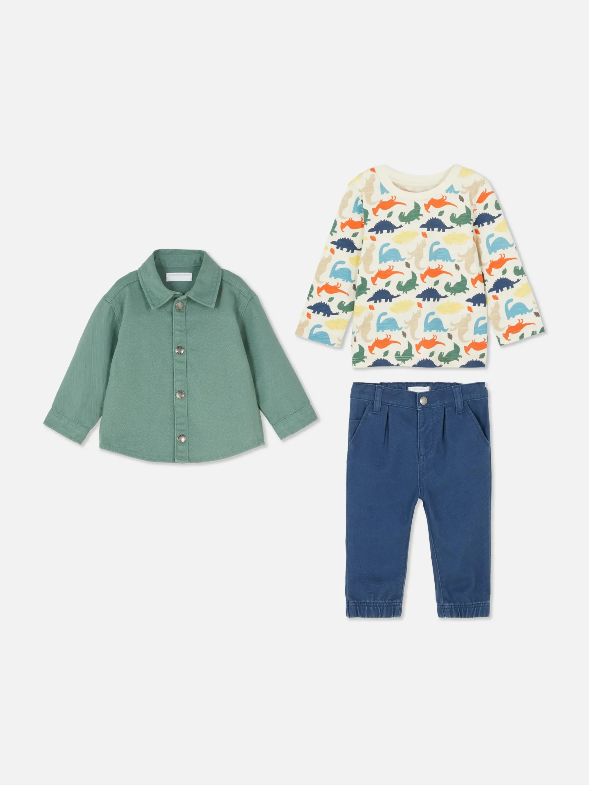 Sets Und Outfits|Primark Set Aus Dinosaurier-T-Shirt, Chinohose Und Hemdjacke Grün