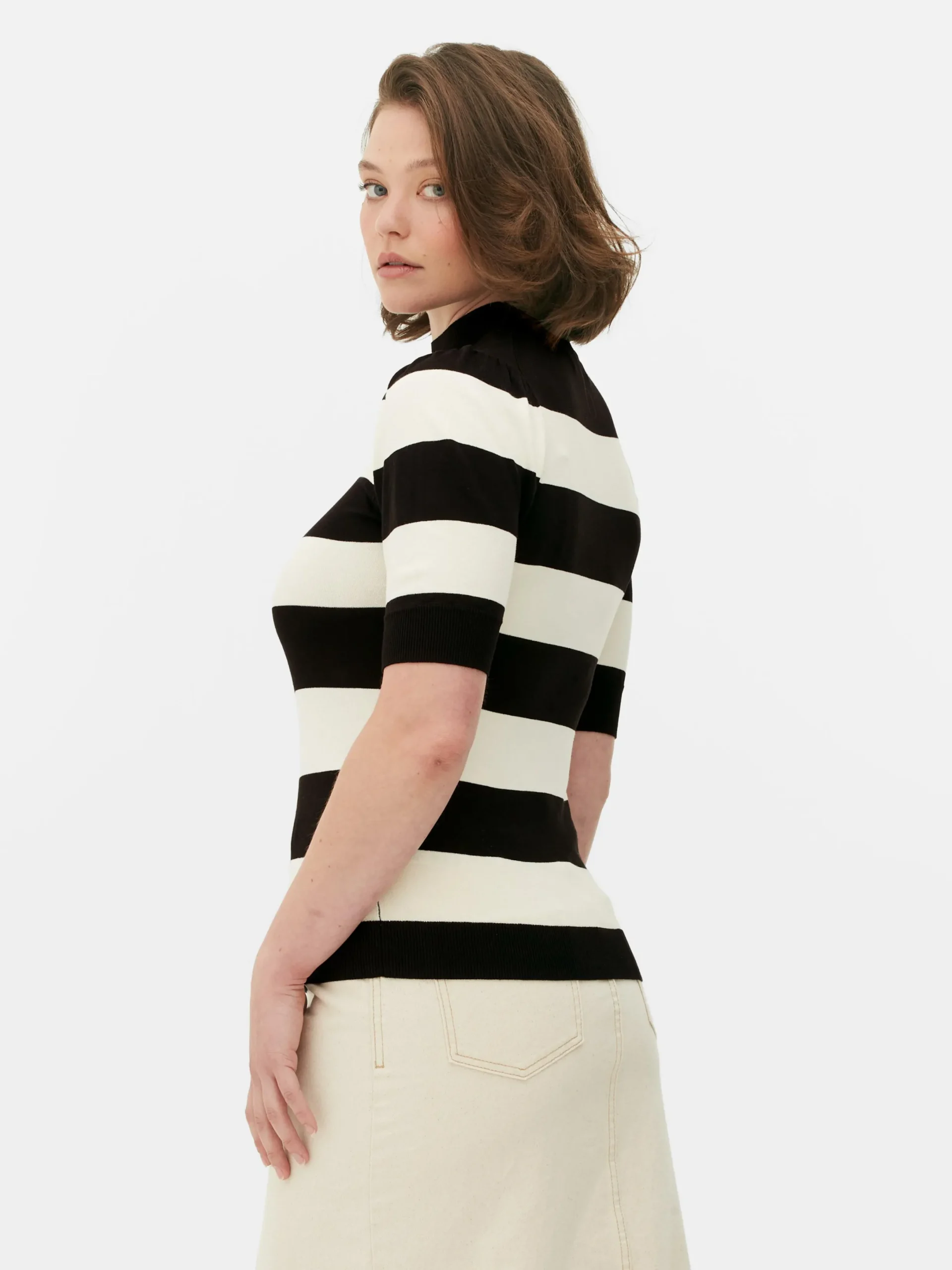 Pullover Und Cardigans|Primark Stricktop Mit Puffärmeln Und Hohem Kragen Schwarz/Weiß