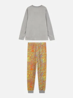 Schlafanzüge Und Nachtwäsche|Primark Velours-Schlafanzug Mit Totenkopf Und Farbspritzern Grau